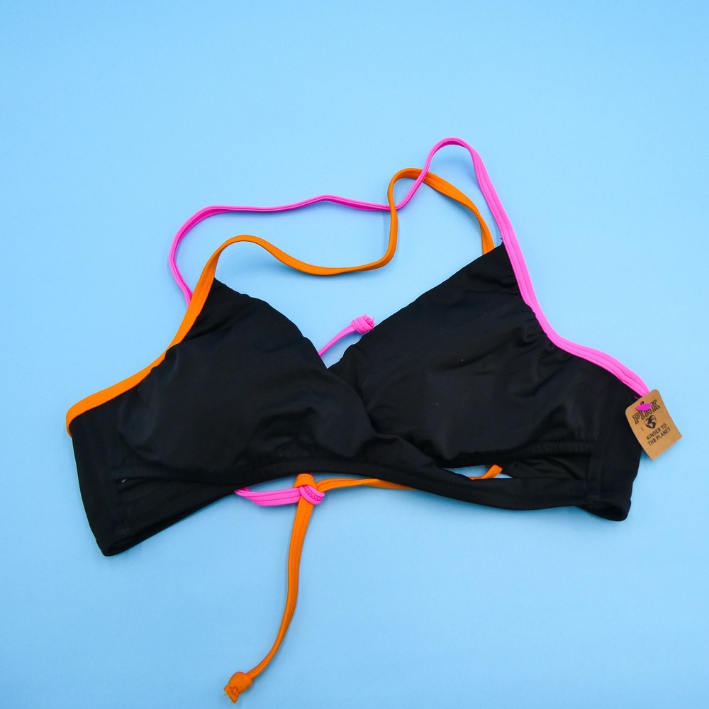 PINK Bikini Top Womens Large Wrap Front Black Pink Orange Colorblock Polyester